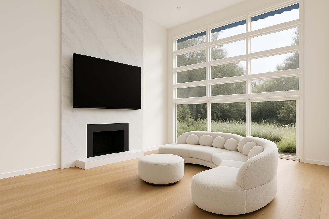 Sun-filled family room with curved boucle sectional and full-height windows overlooking the gardens